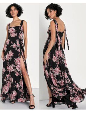 Lulus Passionate Forever Black Floral Print Bow Strap Maxi Dress Medium NWOT